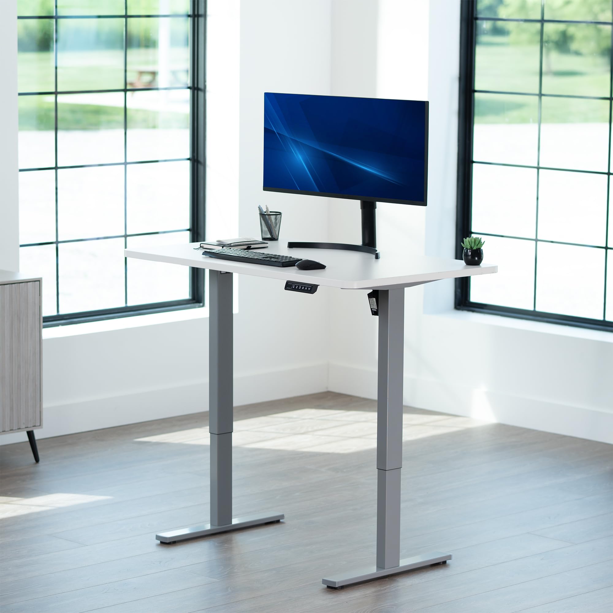 Electric 48 x 30 in Standing Desk, Memory Height Adjustment, 1B Series, Holds 220 lbs, One-Piece White Top, Gray Frame