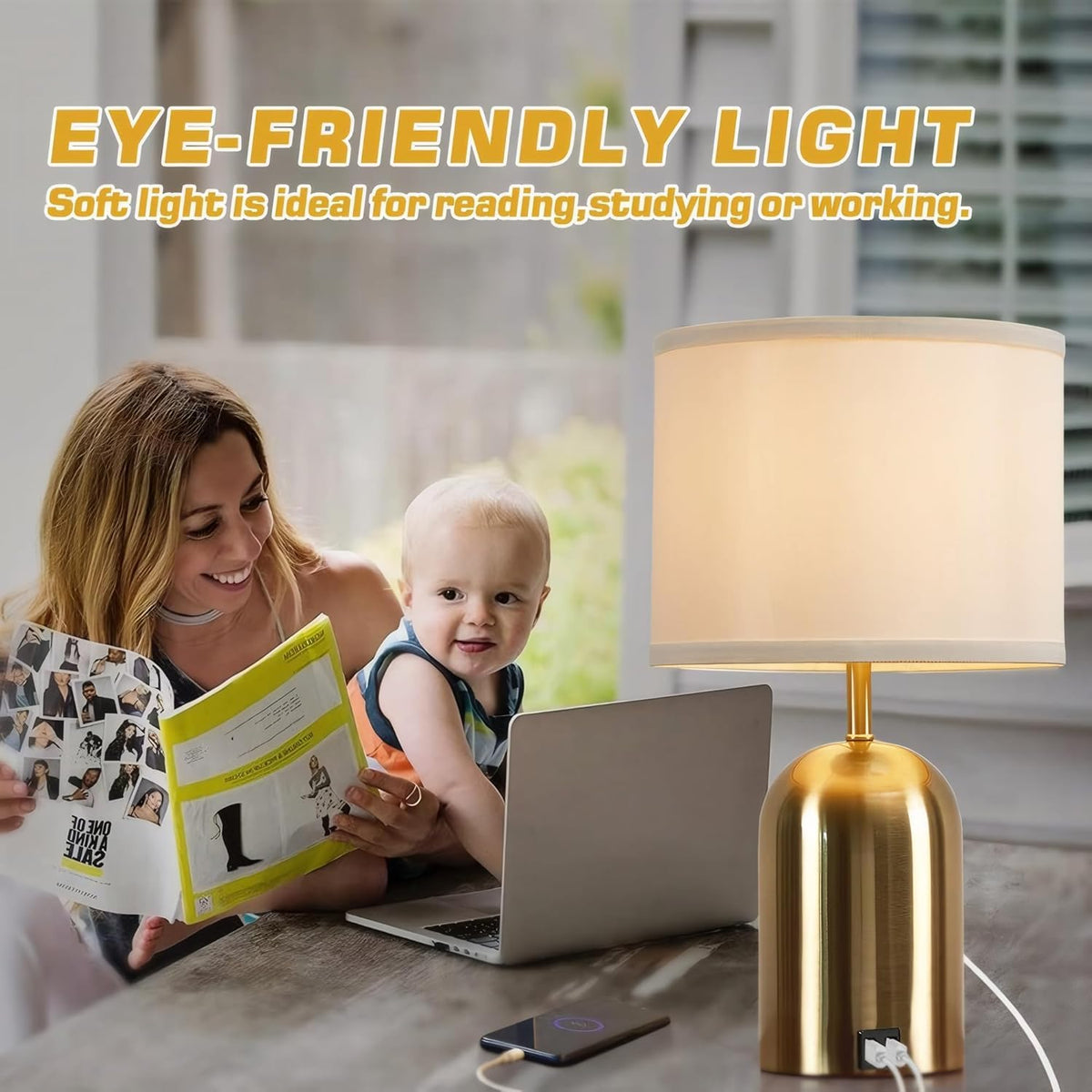 Touch Control Table Lamp, Gold Bedside Table Lamps for Bedroom