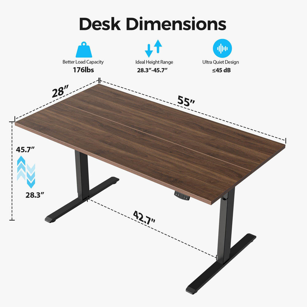 Electric Standing Desk, 55 x 28 Inches Height Adjustable Desk, Sit Stand up for Work Office Home, Ergonomic Rising Computer Table with Memory Preset, Dark Walnut