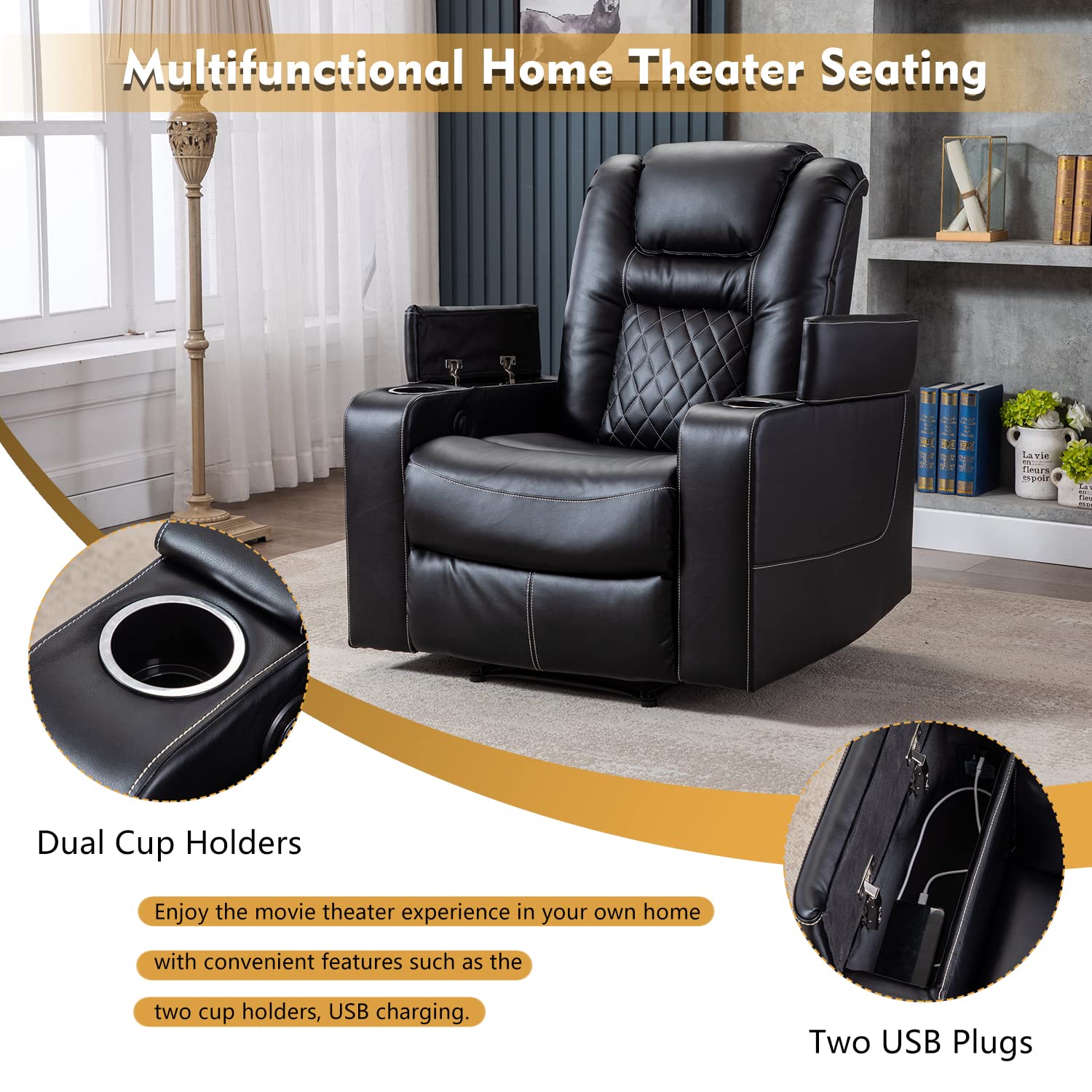 Electric Power Recliner Chair with USB Ports and Cup Holders, Breathable Leather Seating with Hidden Arm Storage (Black)
