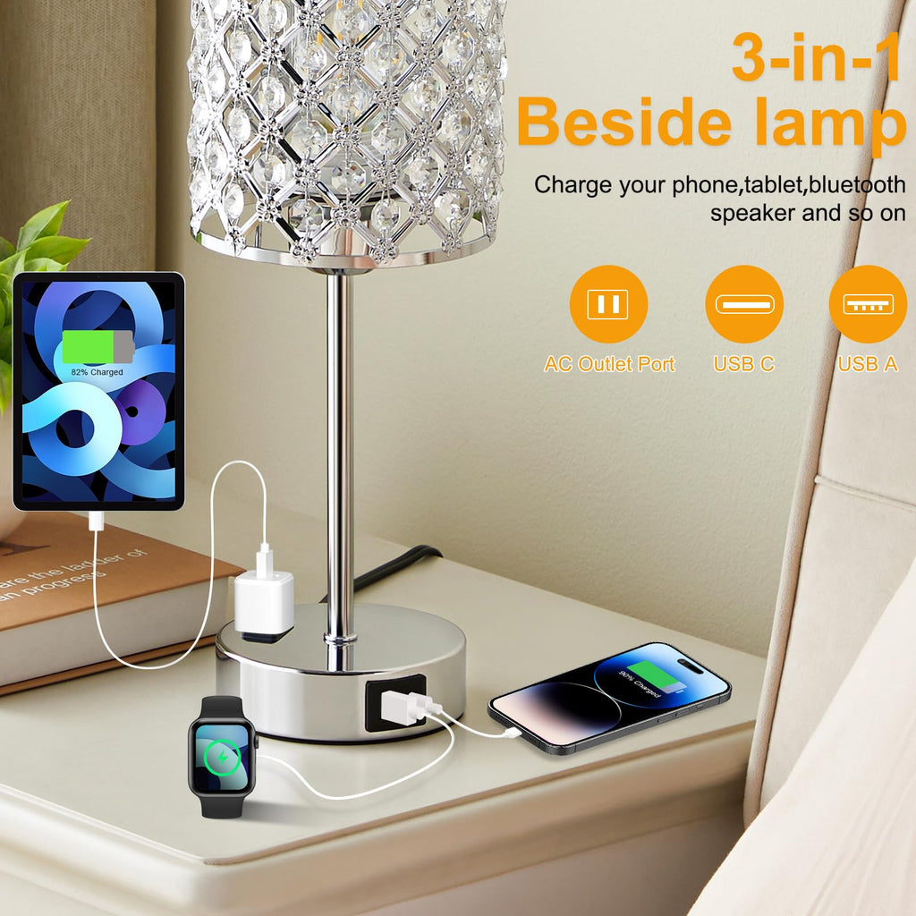 Sliver Crystal Table Lamps for Bedroom Set of 2, Nightstand Touch Lamp