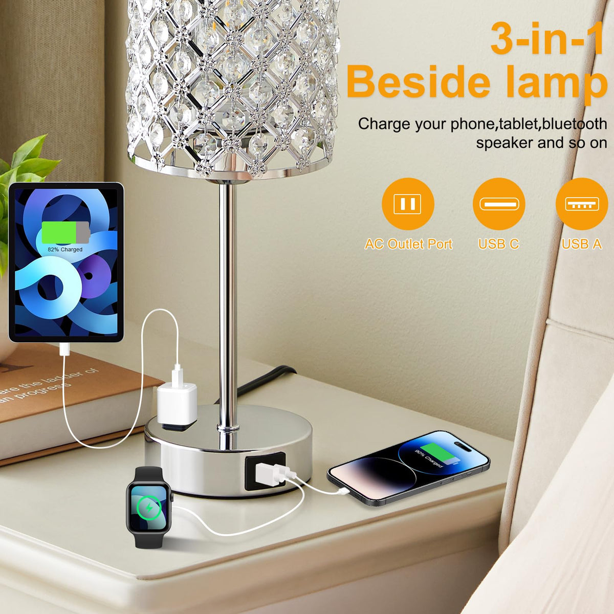 Sliver Crystal Table Lamps for Bedroom Set of 2, Nightstand Touch Lamp