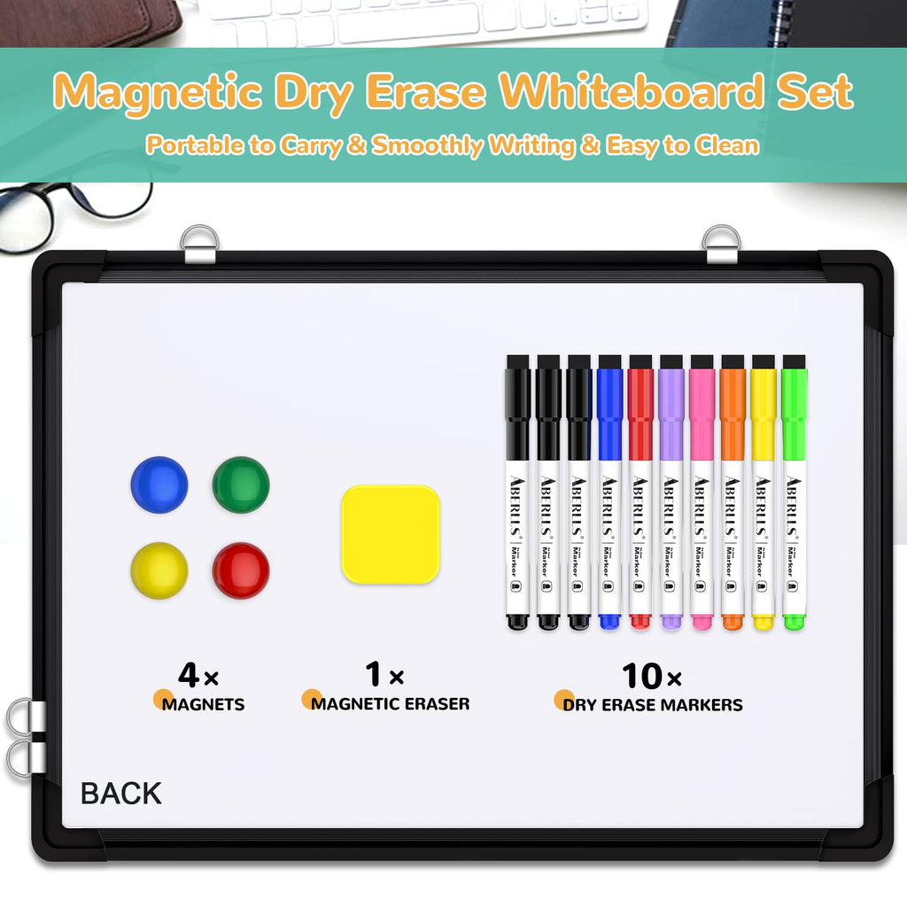 Monthly Calendar Whiteboard for Wall, 17x13 Inches Dry Erase Board with Cork Board Combo, Small Magnetic White Board, Double-Sided Hanging Portable Board for Office School Home Kitchen Planner, Black