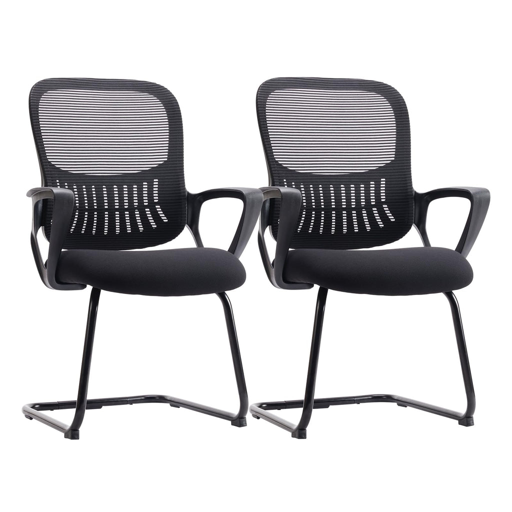Set of 2, Reception Chair No Wheels, Stationary Non Rolling Mesh Mid Back Computer Guest Side with Lumbar Support for Waiting Area Reception Conference Room,Modern Black
