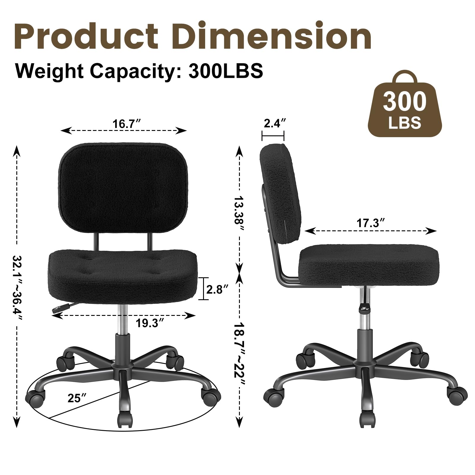 Teddy Fleece Office Chair Black Armless Swivel Task Chair with Adjustable Height & 360° Wheels for Home Office Study
