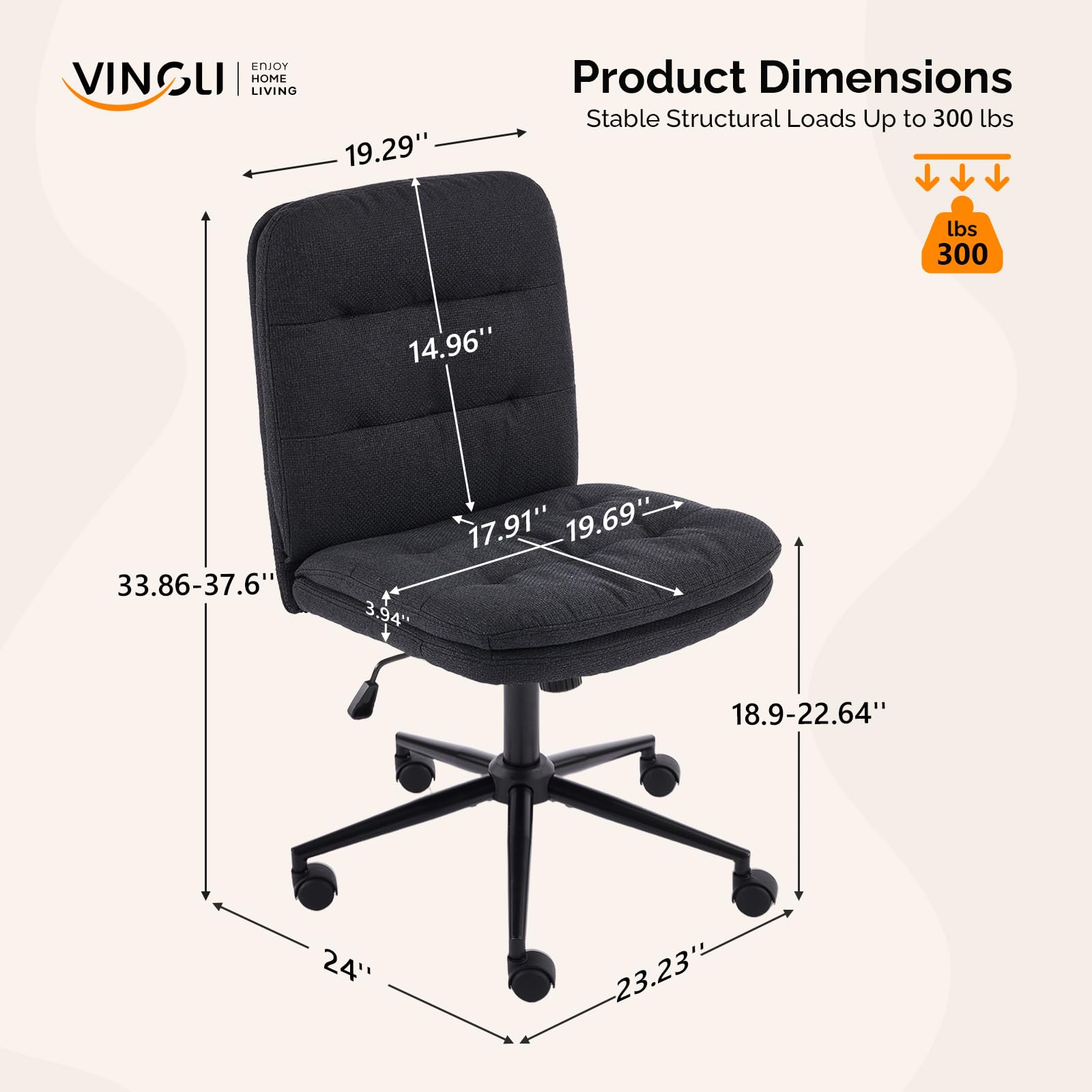 Mid Back Armless Office Desk Chair with Wheels/no Wheels,360°Rocking Swivel Vanity Chair with Thickened Cushion,Adjustable Height Rolling for Reading Room, Make up, Linen Black