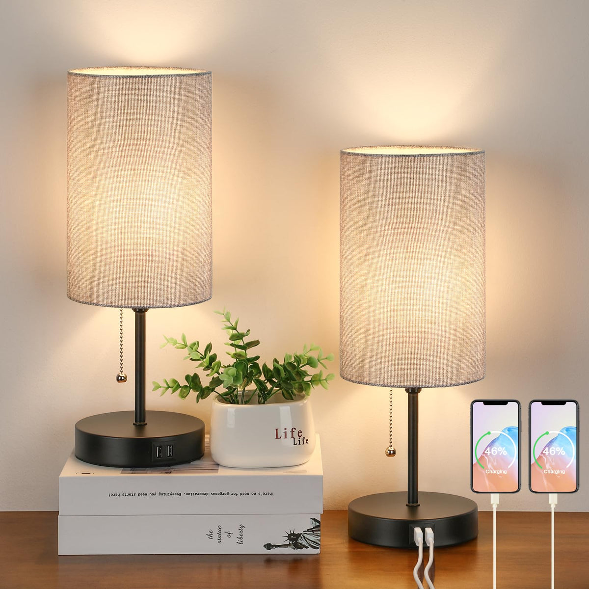 Modern Table Lamps Set of 2, Grey Fabric Shade and Black Metal Base for Living Room Bedroom Office Reading Dorm Hotel