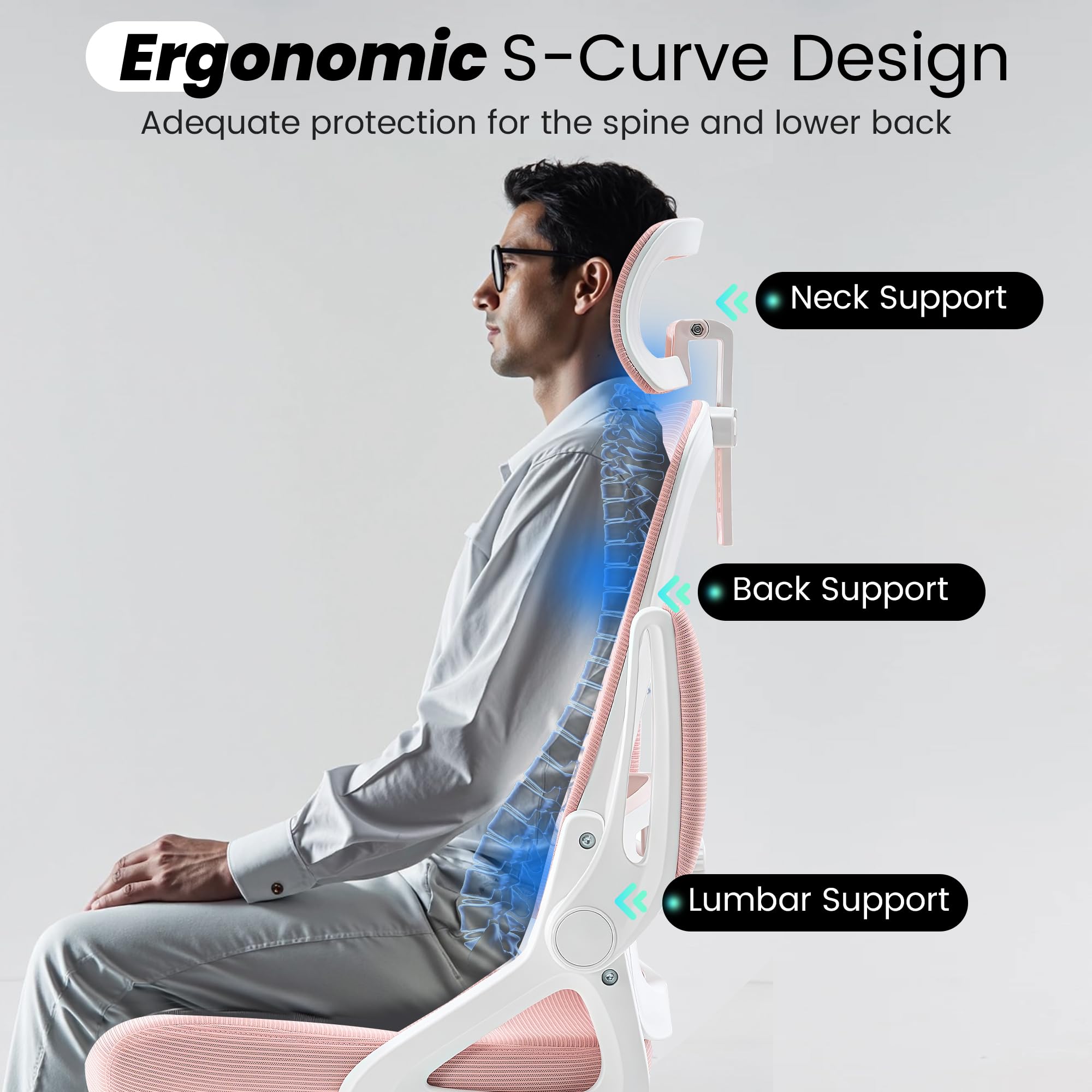 Ergonomic Office Chair, 400 LBS Desk Chair with Adjustable Lumbar Support, High Back Breathable Mesh Computer Chair Rolling Work Swivel Task Chairs, Comfy Home Office Desk Chair (Pink)
