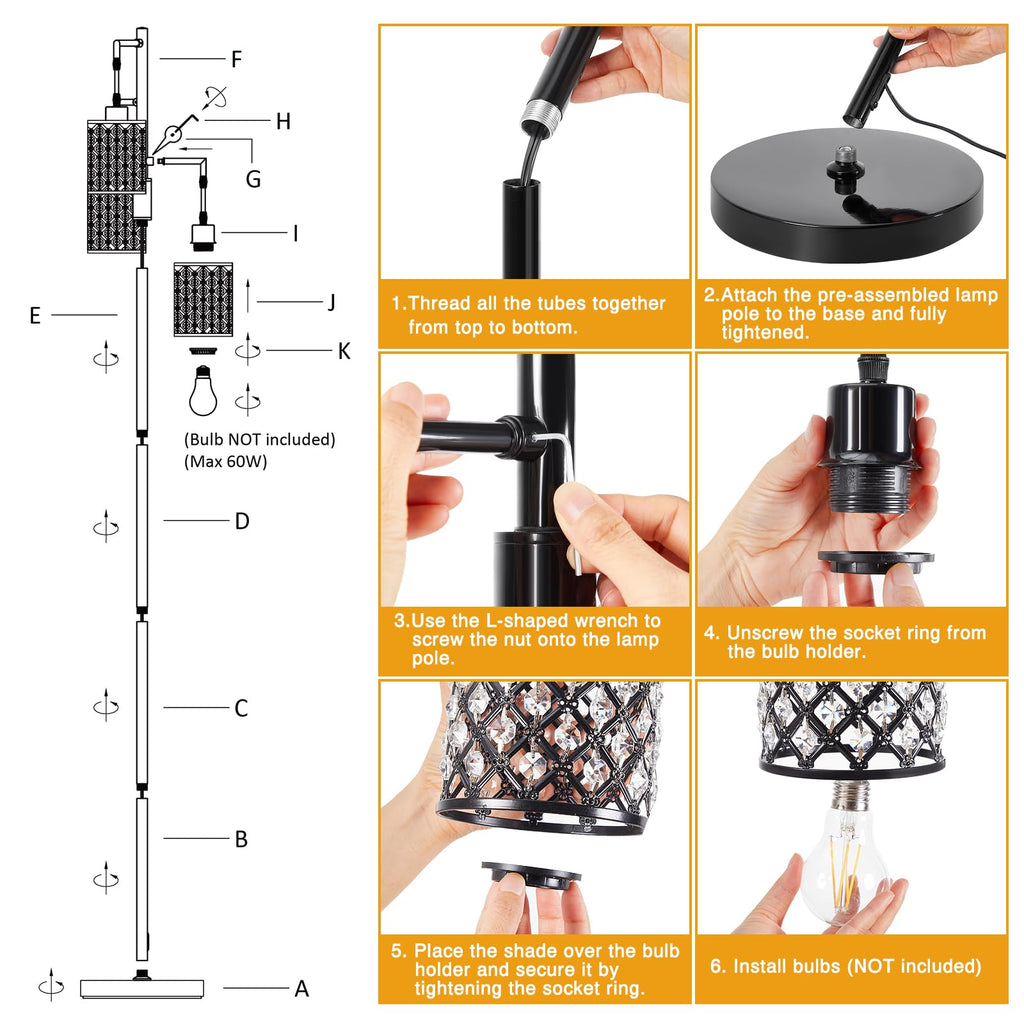 Crystal Floor Lamps for Living Room, 3-Light Black Floor Lamp, Standing Tall Lamp with Elegant K9 Crystal Shade & Rotary Switch, Modern Corner Floor Lamp for Bedroom, Home Office, Reading