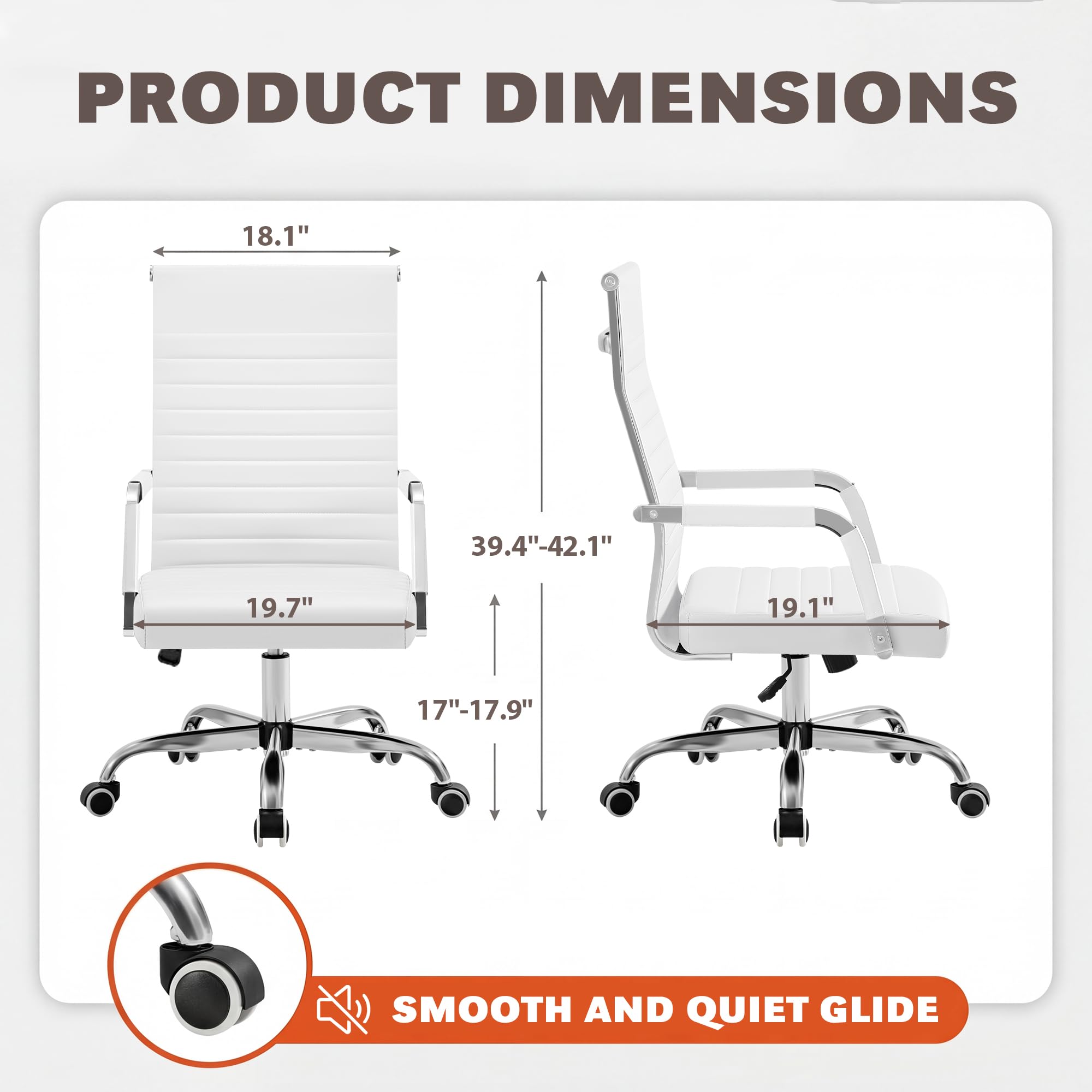 (2, White) Ergonomic Office Desk Chair, Executive Ribbed Mid-Back PU Leather Conference Room Chair Adjustable Swivel Chair with Arms
