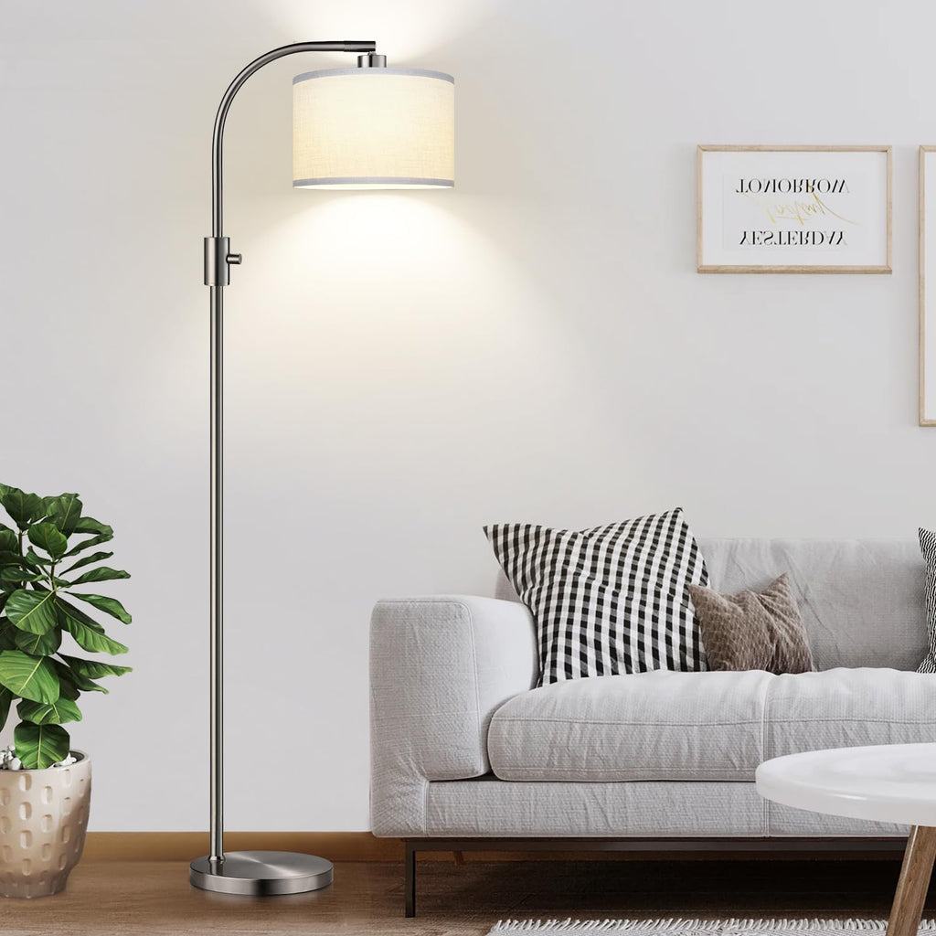 Upgraded Modern Arc Dimmable Tall Standing Floor Lamp with Linen Shade, 1200 Lumens LED Bulb Included, for Living & Reading Room, Bedroom, Office & Nursery, Brushed Nickel