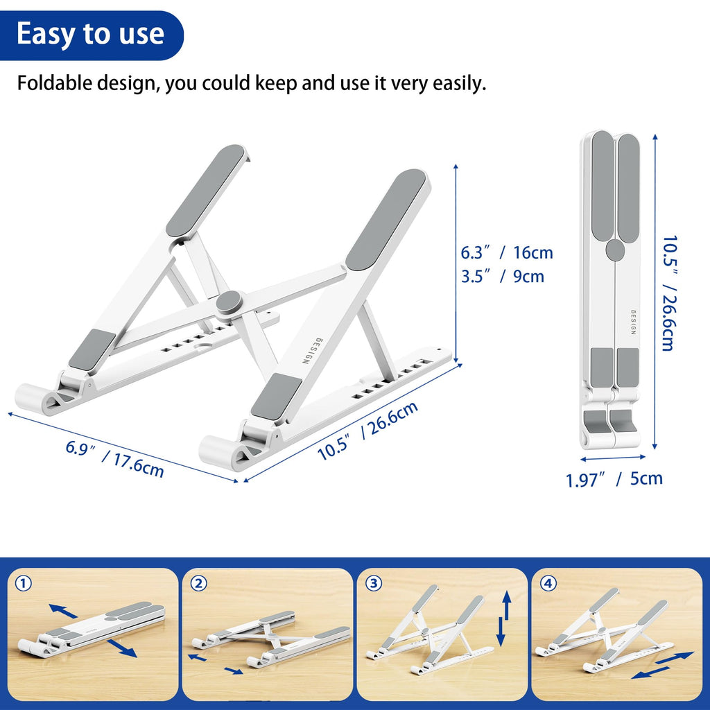 Pro Ergonomic Laptop Stand, Plastic Laptop Riser, Portable and Adjustable Notebook Computer Holder Compatible with 10-14" Laptops (White)