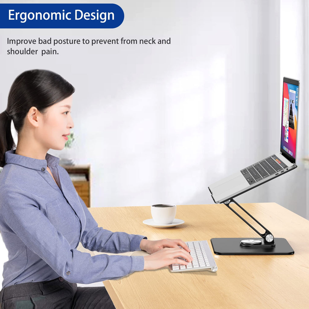 Laptop Stand with 360 Rotating Base, Ergonomic Adjustable Notebook Riser, Foldable Computer Holder Compatible with 10-15.6" Laptops (Black)