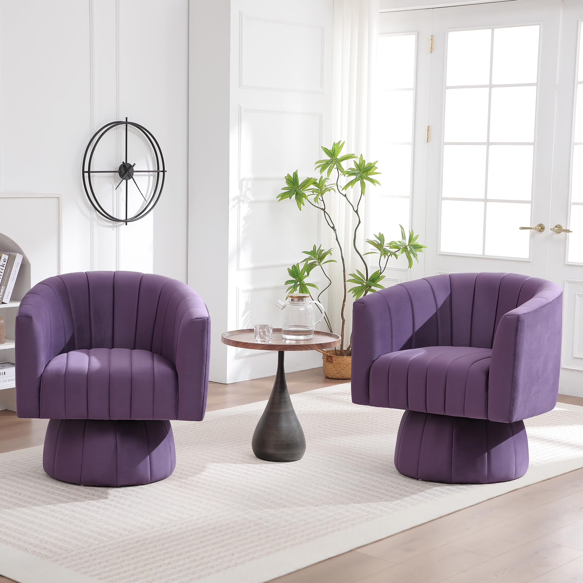 Swivel Accent Barrel Chair Set of 2, Cute Comfy Small Round 360° Arm Chair, Velvet Sofa Club Reading Chair for Office Living Room Bedroom Purple