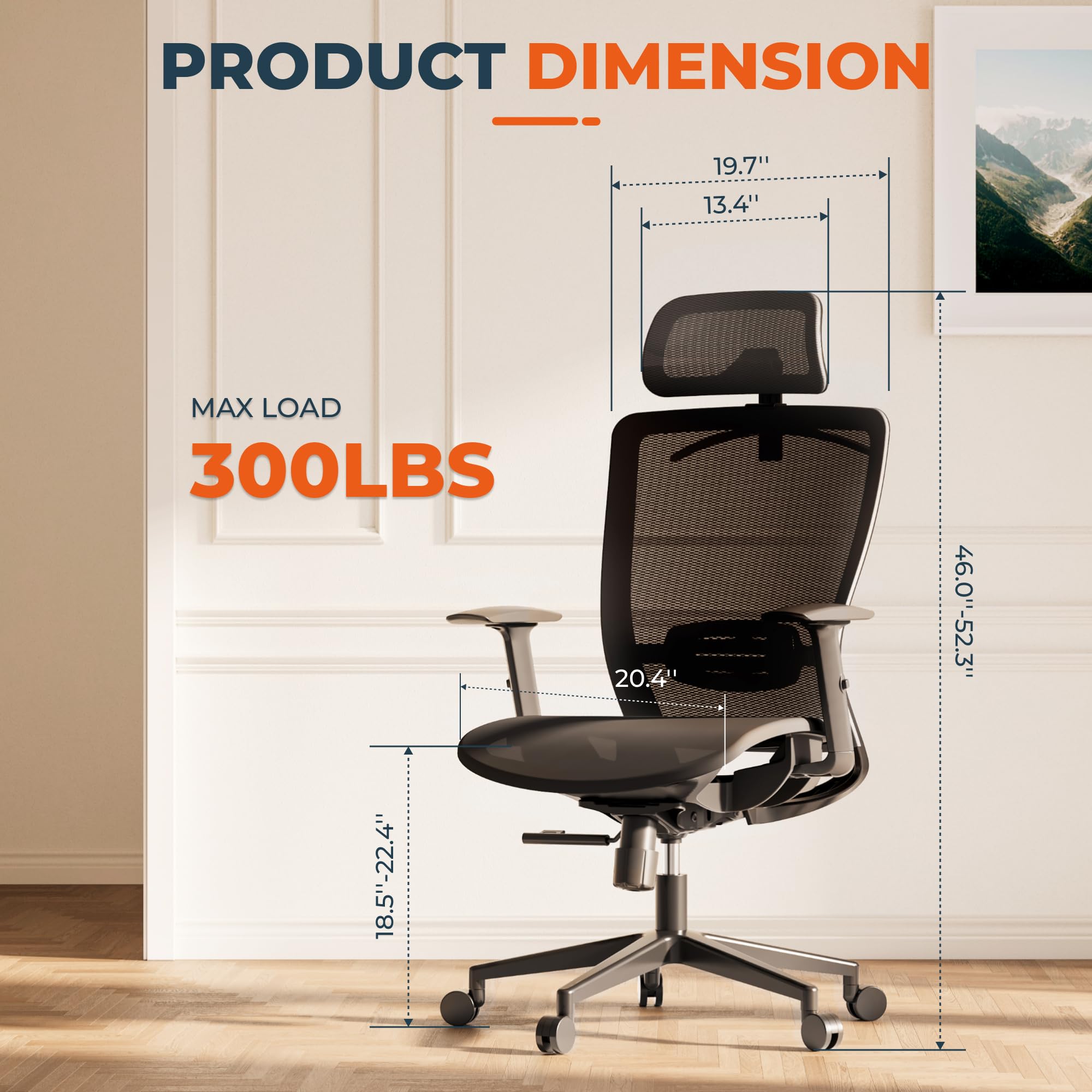 FitStand Ergonomic Office Chair Swivel Computer Chair Home Office Desk Chairs with Lumbar Support/2D Headrest/300lbs Heavy Duty/Lockable Back,Mesh Seat Cushion,ErgoChair Pro, Black