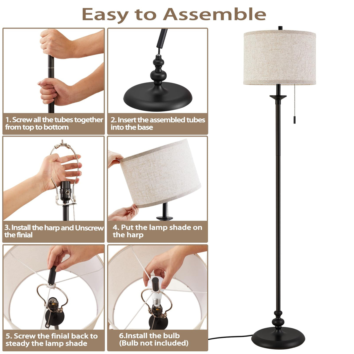 Black Floor Lamp, 60" Standing Lamp with Fabric Lampshade
