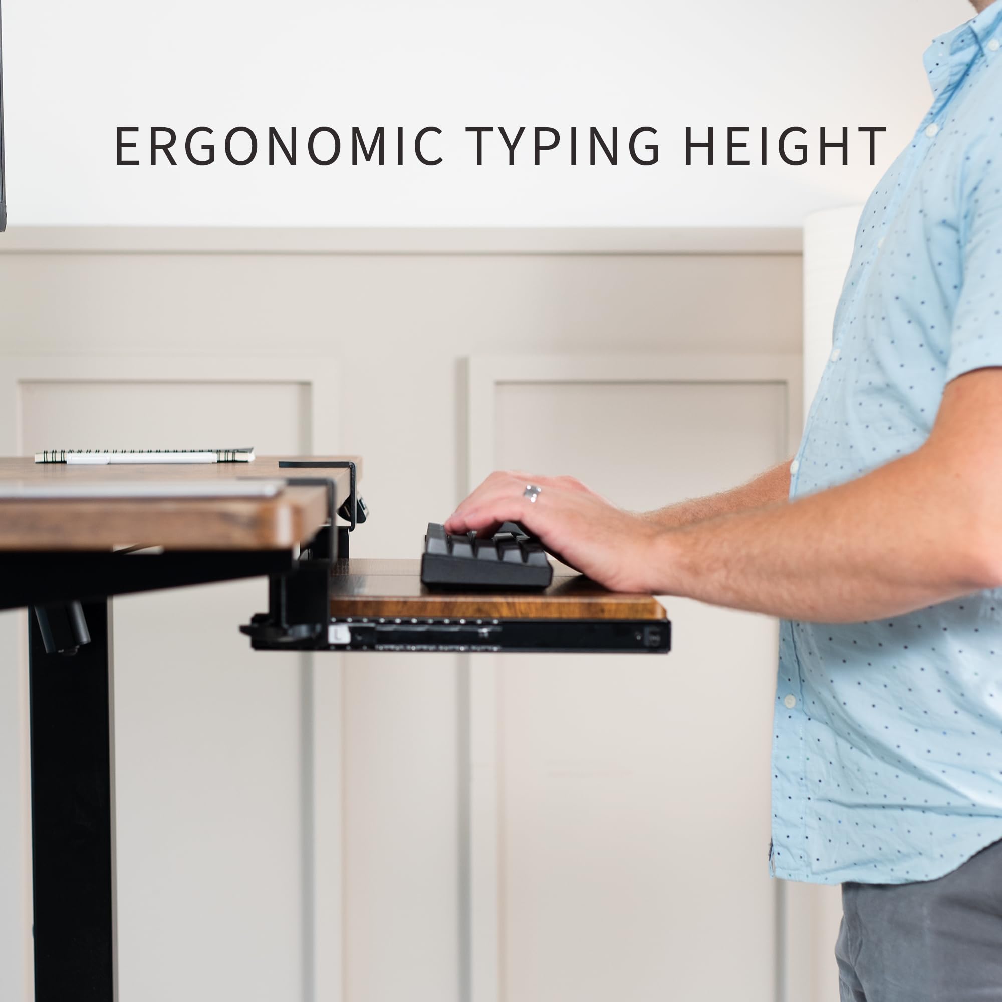 Small Keyboard Tray, Under Desk Pull Out with Extra Sturdy C Clamp Mount System, 20 (26 with Clamps) x 11 inch Slide-Out Platform Drawer, Rustic Vintage Brown Top, Black Frame