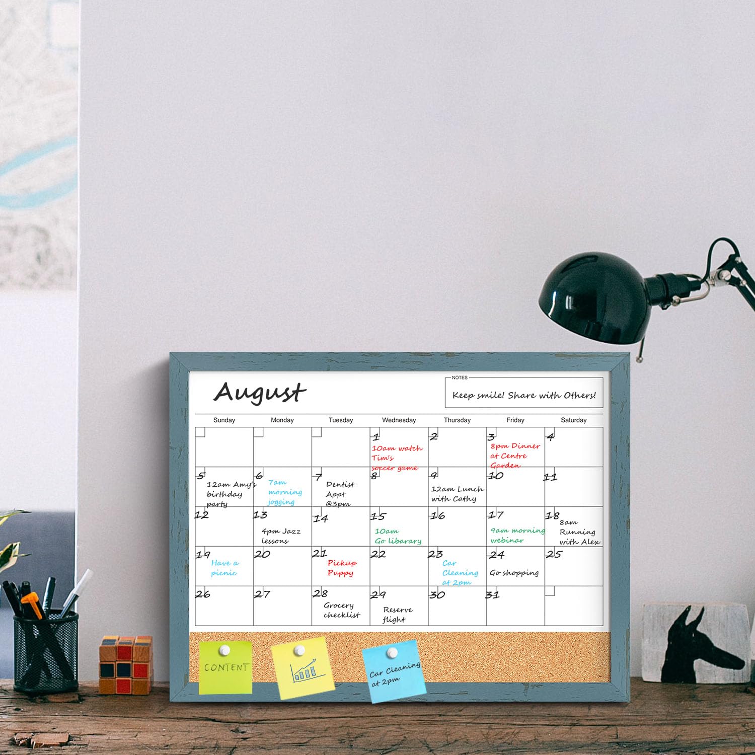 Whiteboard Calendar & Corkboard for Wall, 17x13 Inches Dry Erase Monthly Calendar with Wood Framed, Magnetic White Board Cork Board Combo, Bulletin Board for Home Office Kitchen Memo Planner