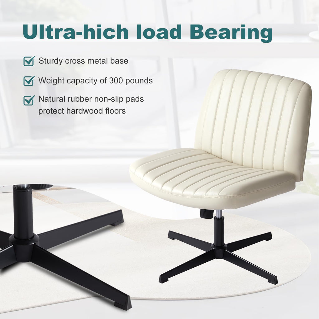 Criss Cross Legged Chairs Armless No Wheels Wide Seat Height Adjustable Swivel Padded PU Leather Home Office Desk Chair for Bedroom, Student, Study Room,Beige