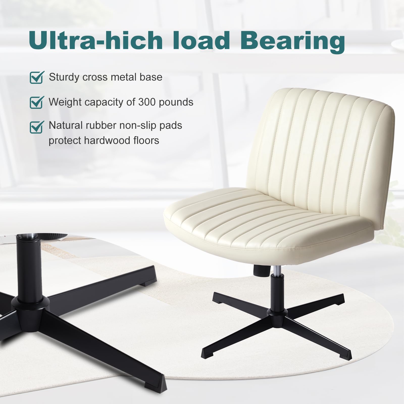 Criss Cross Legged Chairs Armless No Wheels Wide Seat Height Adjustable Swivel Padded PU Leather Home Office Desk Chair for Bedroom, Student, Study Room,Beige