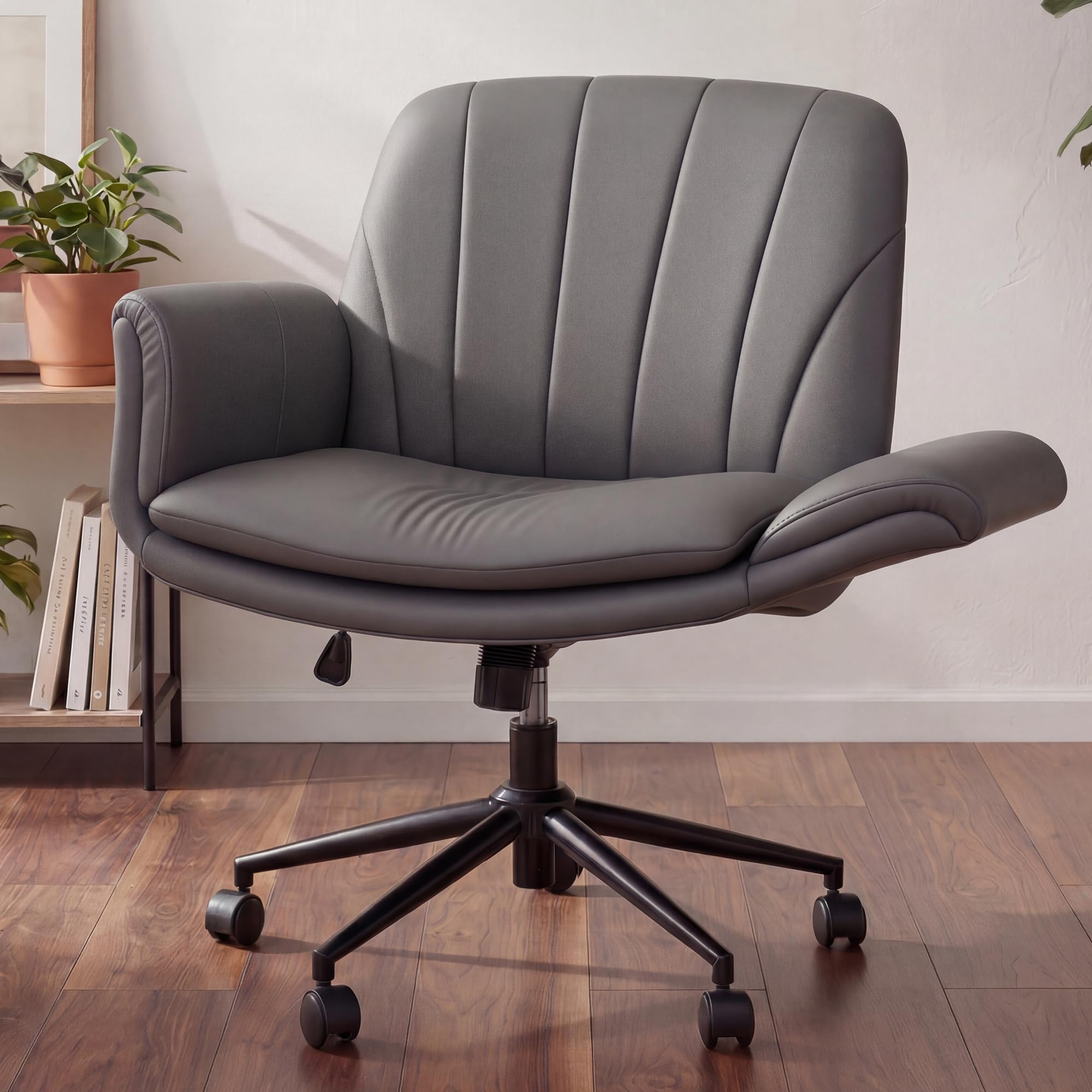 Criss Cross Chair with Five-Level Adjustable Arms and Wheels - Comfortable Ergonomic PU Leather Swivel Vanity Chair - Computer Makeup Gaming Chair for Home Office, Bedroom, Vanity Room (Grey)