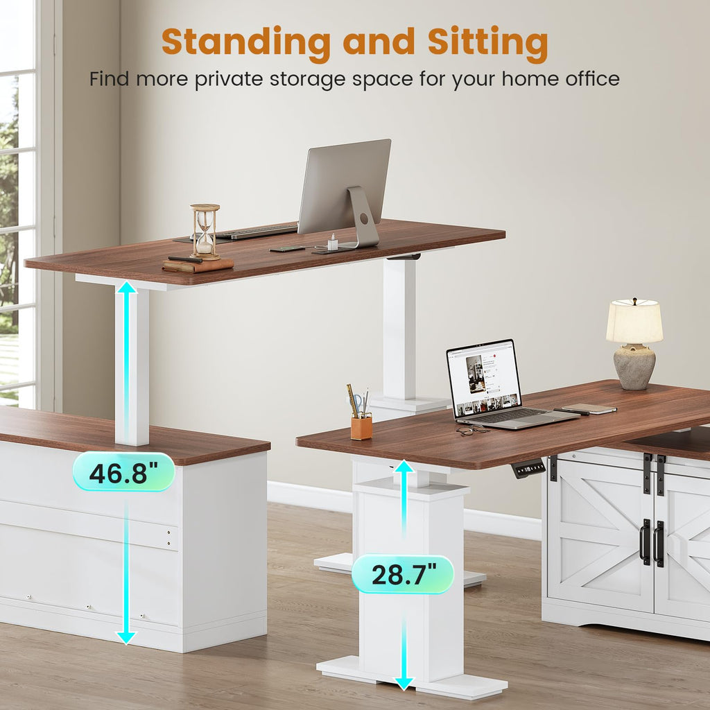 Farmhouse L Shaped Standing Desk, 55 inch Height Adjustable Corner Desk with Storage Drawers, Standing Computer Desks with Power Outlets for Home Office, White