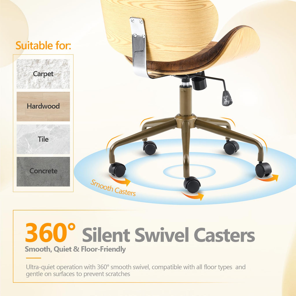 Wide Comfotable Swivel Home Office Chair with Wood-Grain Curved Shell,Ergomomic Mid-Back Padded Armless Modern Desk Chair with Wheels,Height Adjustable for Computer,Task,Work,Microfiber,Rustic