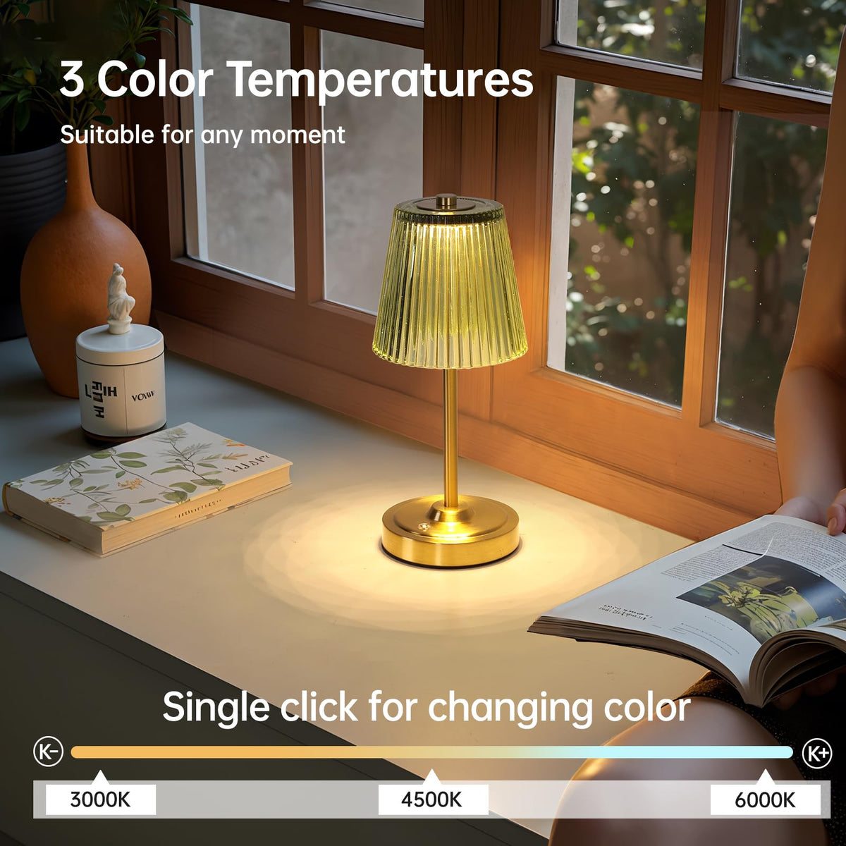 Set of 2 Cordless Touch Table Lamp with 5200mAh Battery - 3 Adjustable Color Temperatures & Dimmable, Rechargeable Lamp for Bedsides, Living Room, Entryway, Bookshelves (Green Stripe)