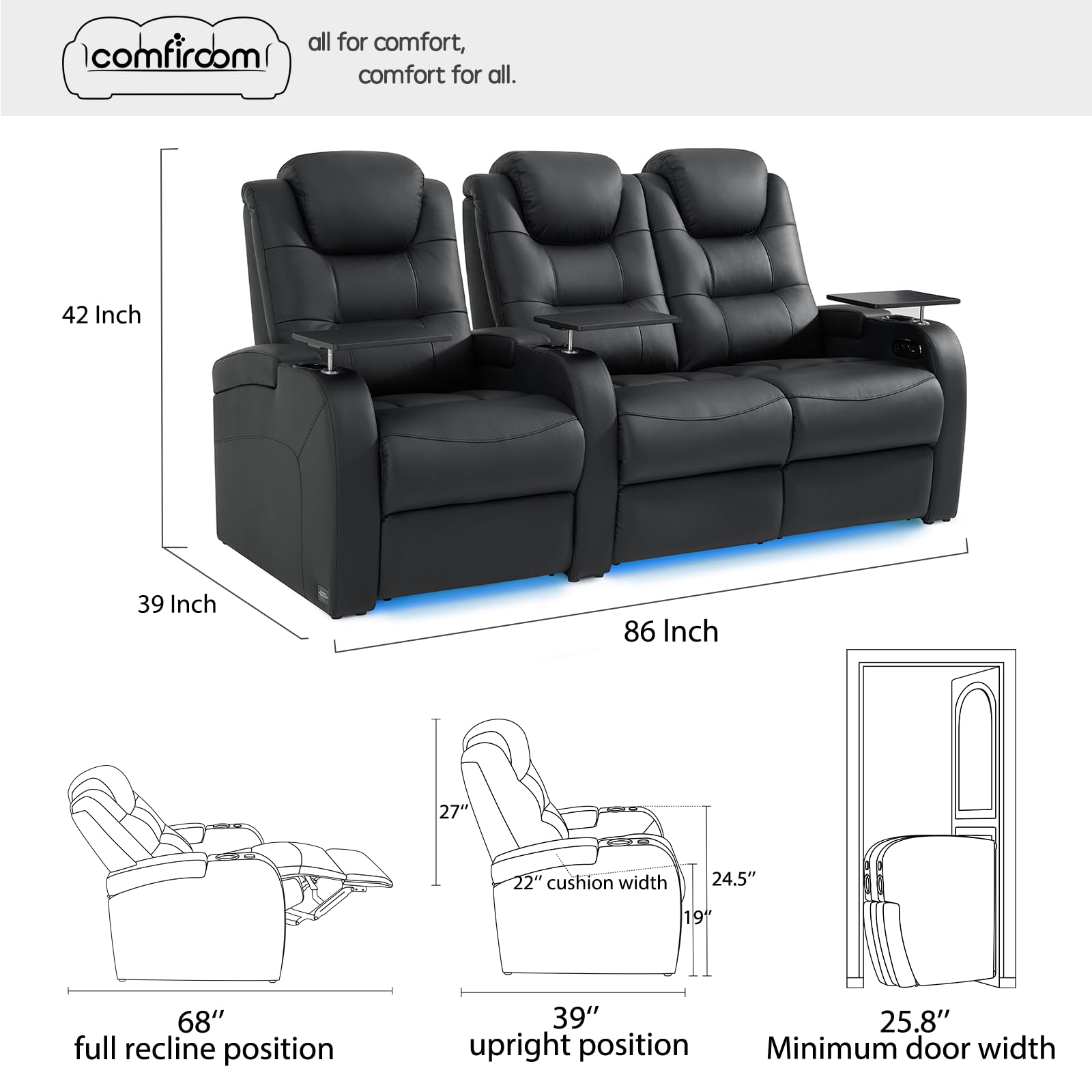 Leather Home Theater Seating Seats, Simple Style Top Grain Leather Movie Theater Chairs Recliner Sofa with Tray Table Type-C USB Charger (Black, Row of 3 Loveseat Right)