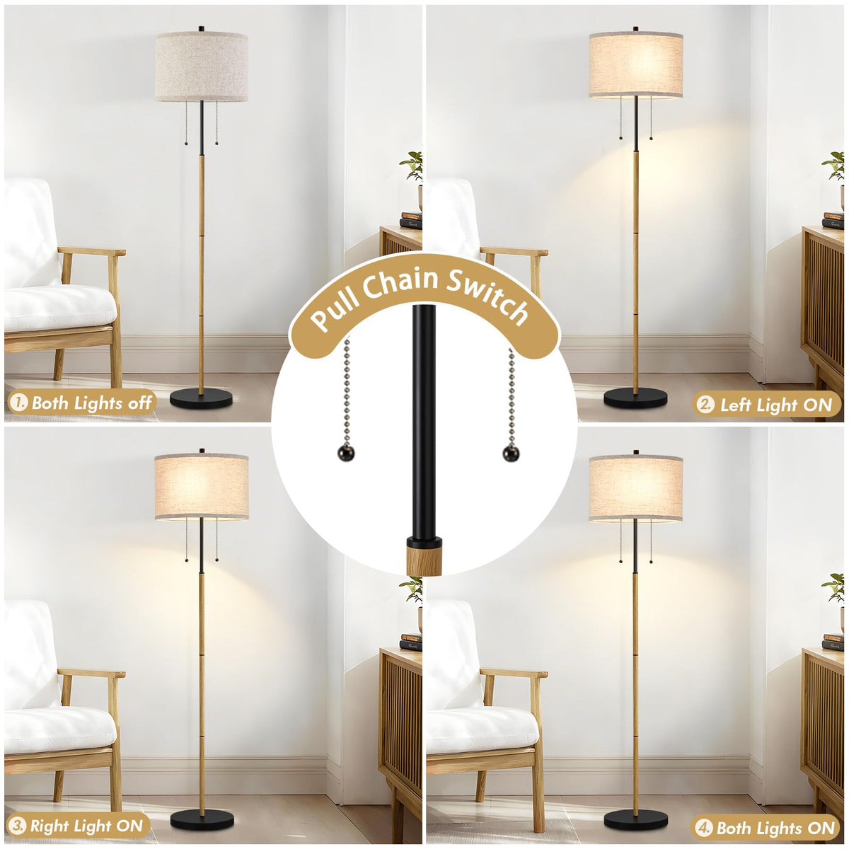 Floor Lamp, 62" Standing Lamp for Living Room with Fabric Lampshade
