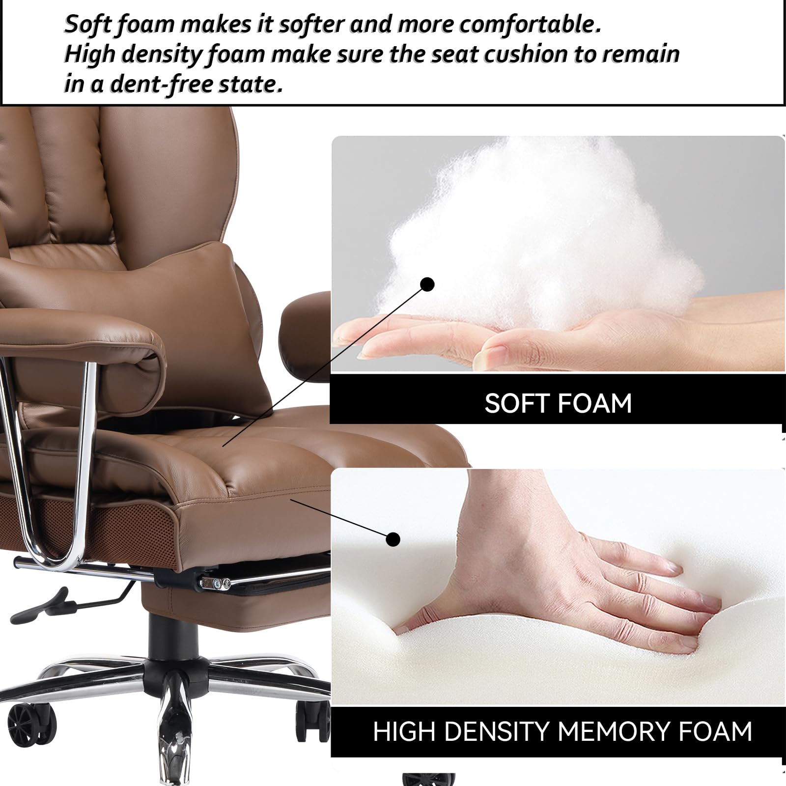 Big and Tall Office Chair 400lbs – High Back Executive Chair with Swivel Base, PU Leather Upholstery, Lumbar Pillow, Padded Armrests, and Rolling Wheels，Brown Computer Chair