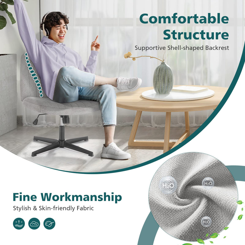 Criss Cross Legged Chairs Armless No Wheels Wide Seat Height Adjustable Swivel Padded Fabric Home Office Desk Seating for Bedroom, Student, Study Room