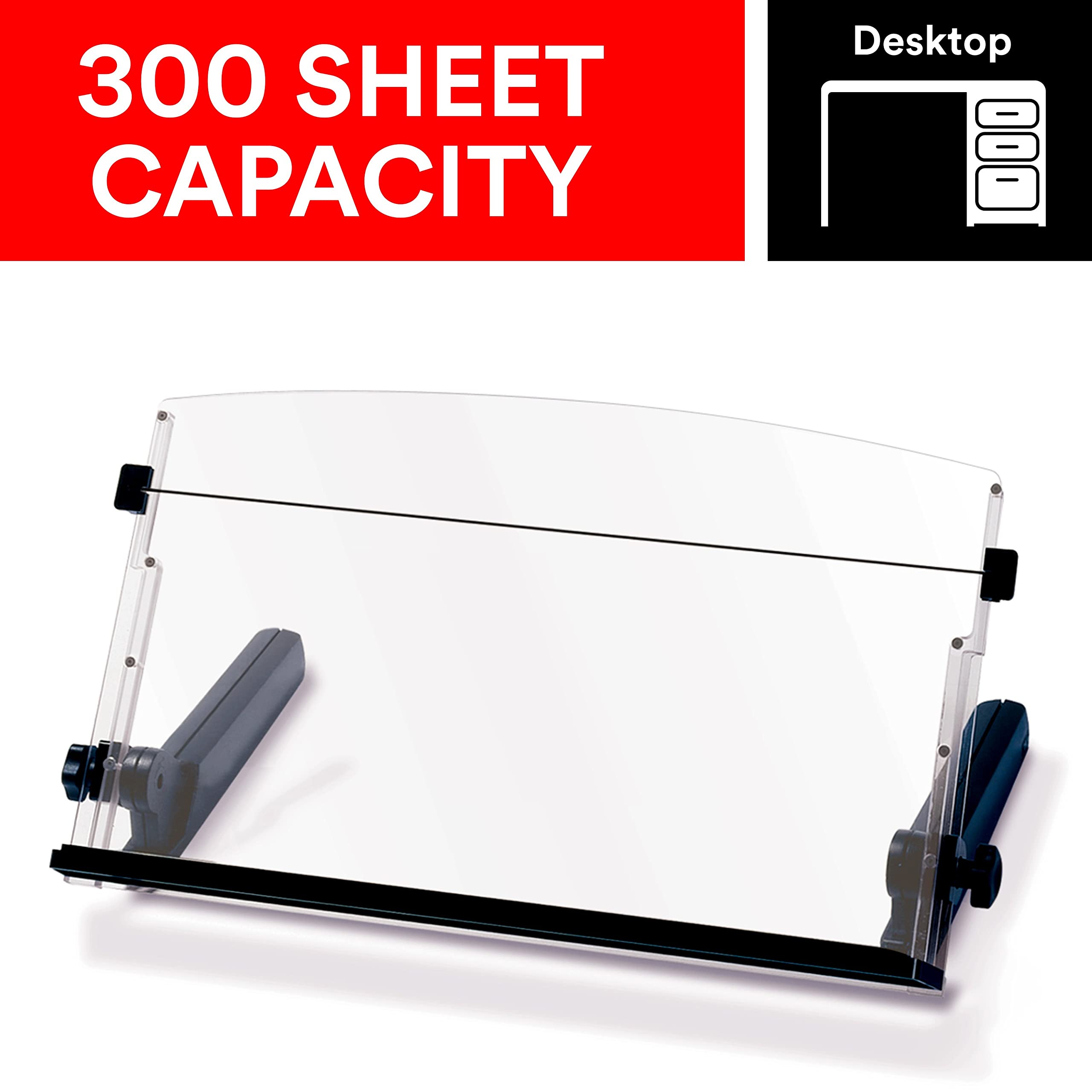 Adjustable Document Copy Holder, In-line with Monitor Minimizing Head and Neck Movement, 300 Sheet Capacity Holds Sheets to Books, Elastic Line Guide Keeps Pages Open, 18" Wide, Black