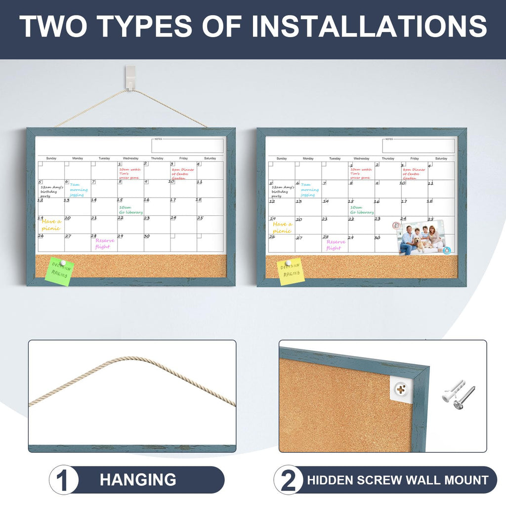 Whiteboard Calendar & Corkboard for Wall, 17x13 Inches Dry Erase Monthly Calendar with Wood Framed, Magnetic White Board Cork Board Combo, Bulletin Board for Home Office Kitchen Memo Planner