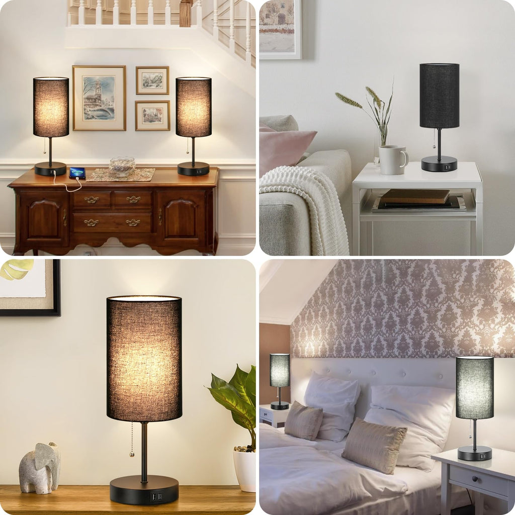 Set of 2 Table Lamps with 2 USB Ports, Bedside Lamps for Bedrooms, Modern Nightstand Lamps with Pull Chain, Minimalist Desk Lamps with Black Fabric Shade and Metal Base for Living Room Home Office