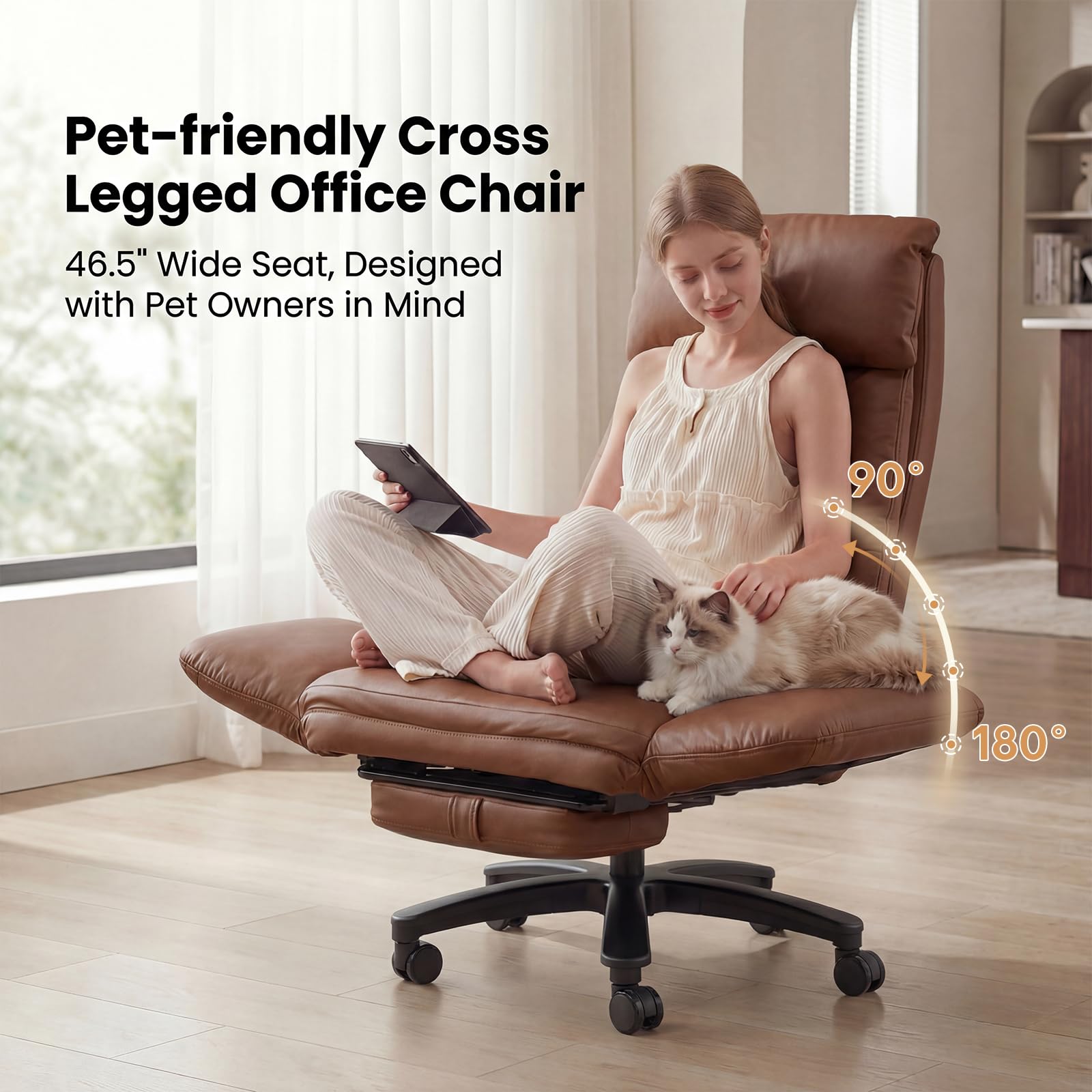 Cross Legged Office Chair with Pets Friendly Seat, Plus Size Criss Cross Desk Chair, Big and Tall Office Chair with Foot Rest, Reversible Armrests & Wide Seat, Brown