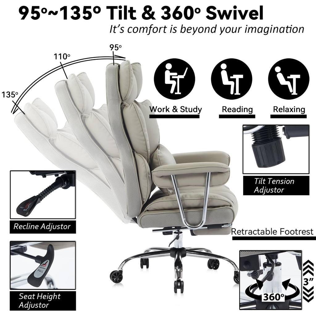 Big and Tall Office Chair 400lbs – High Back Executive Chair with Swivel Base, PU Leather Upholstery, Lumbar Pillow, Padded Armrests, and Rolling Wheels，Grey Computer Chair