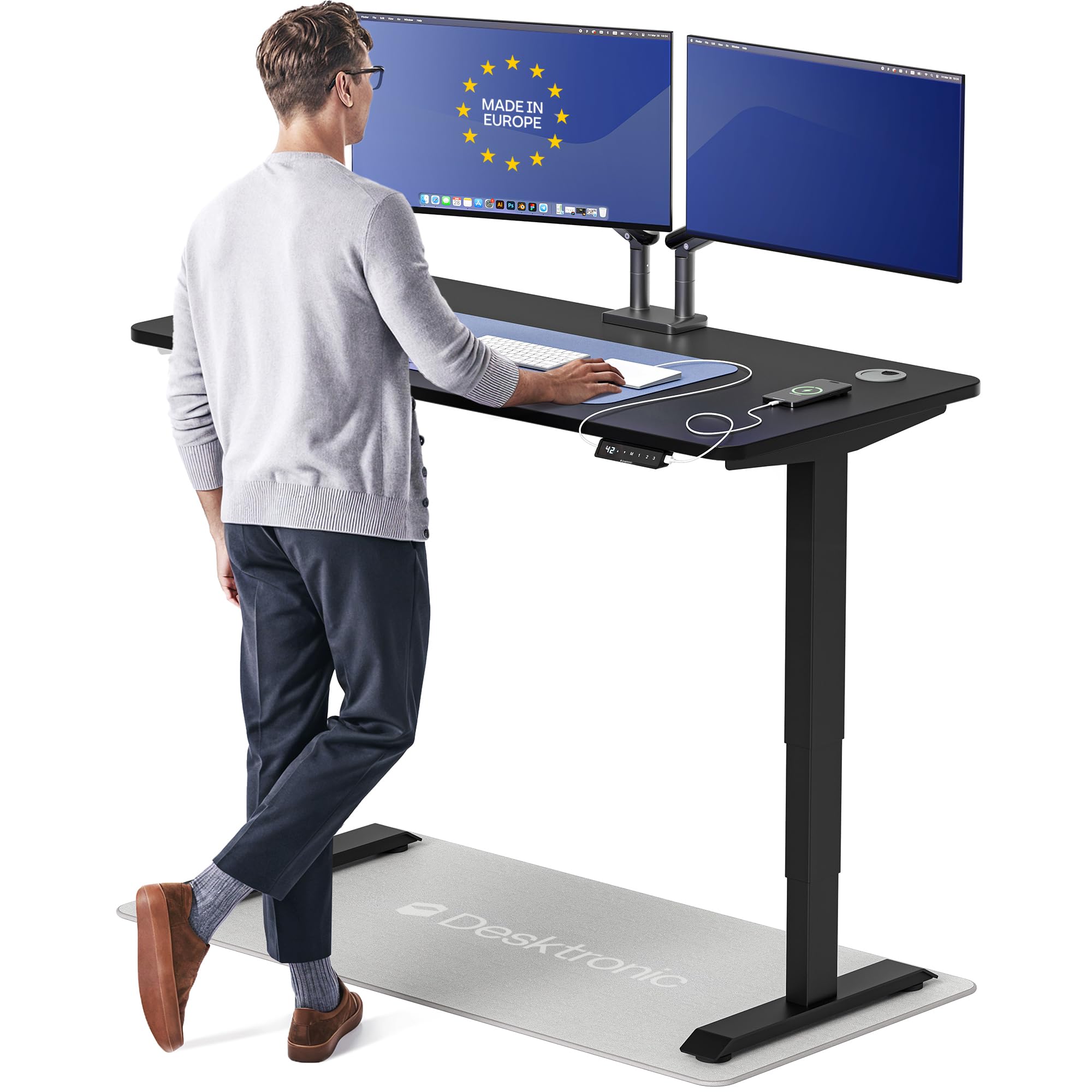 Standing Desk 54x28 — Made in Europe, Ergonomic Sit Stand Home Office Desk, Electric Height Adjustable, Dual Motor, USB & USB-C Charging, Wobble-Free, Touchscreen, 3 Memory Presets