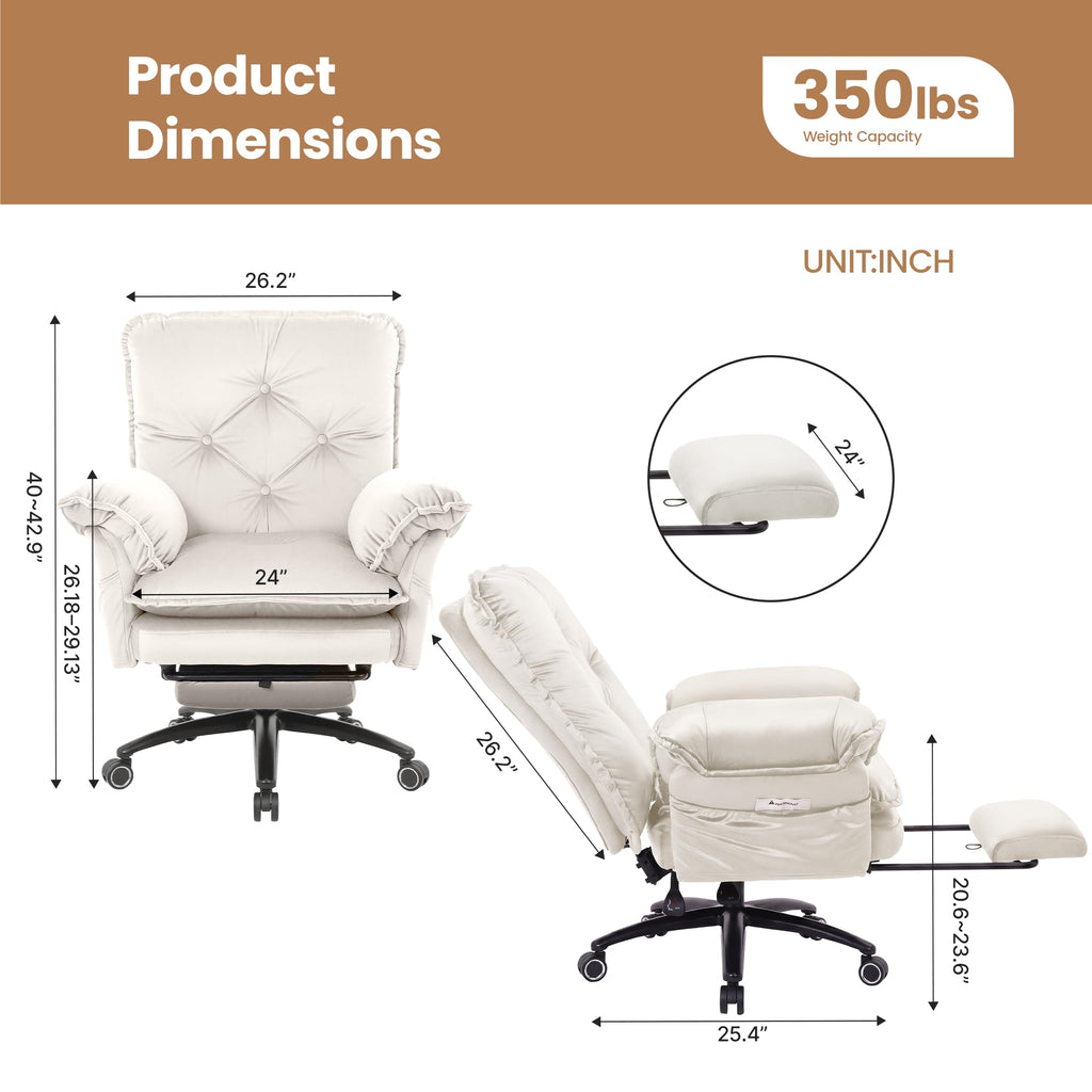 Criss Cross Chair with Adjustable Arms and Foot Rest, Wide Seat Reclining Office Chair with Wheels, Makeup Vanity Chair with Side Pockets, Comfy Velvet Cross Legged Desk Chair, Beige