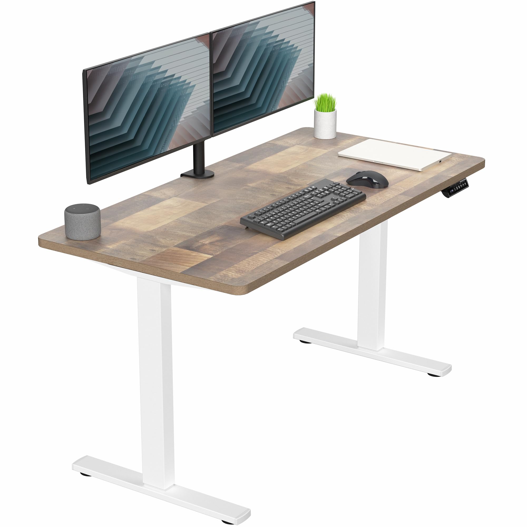 Electric 55 x 28 in Standing Desk, Memory Height Adjustment, 1B Series, Holds 220 lbs, One-Piece Reclaimed Wood Top, White Frame