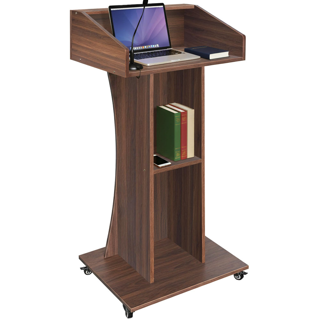 Podium Stand with Lockable Wheels,47"H Wooden Podium for Classroom, Mobile Pulpit Lectern with 3 Storage Shelves for Church, Office,Conference Room (Walnut)