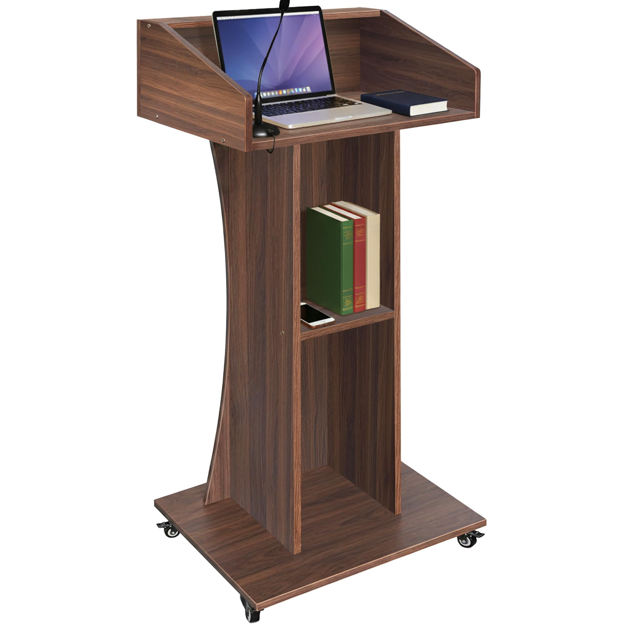 Podium Stand with Lockable Wheels,47"H Wooden Podium for Classroom, Mobile Pulpit Lectern with 3 Storage Shelves for Church, Office,Conference Room (Walnut)