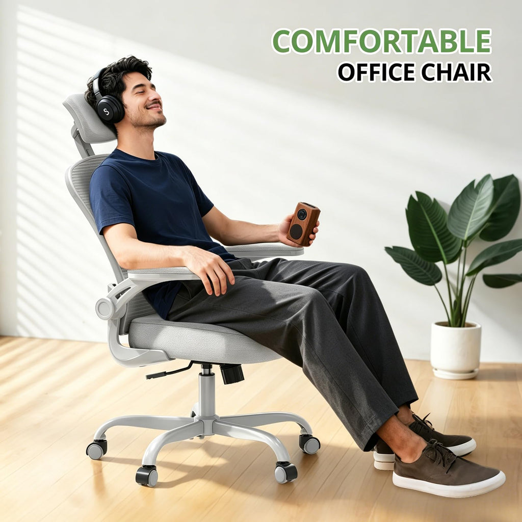 Office Chair Ergonomic Desk Chair, 330LBS Capacity, High Back Computer Design for Long Hours Comfort, Rolling Swivel Executive Task for Home Office with Flip-up Armrests（Grey）