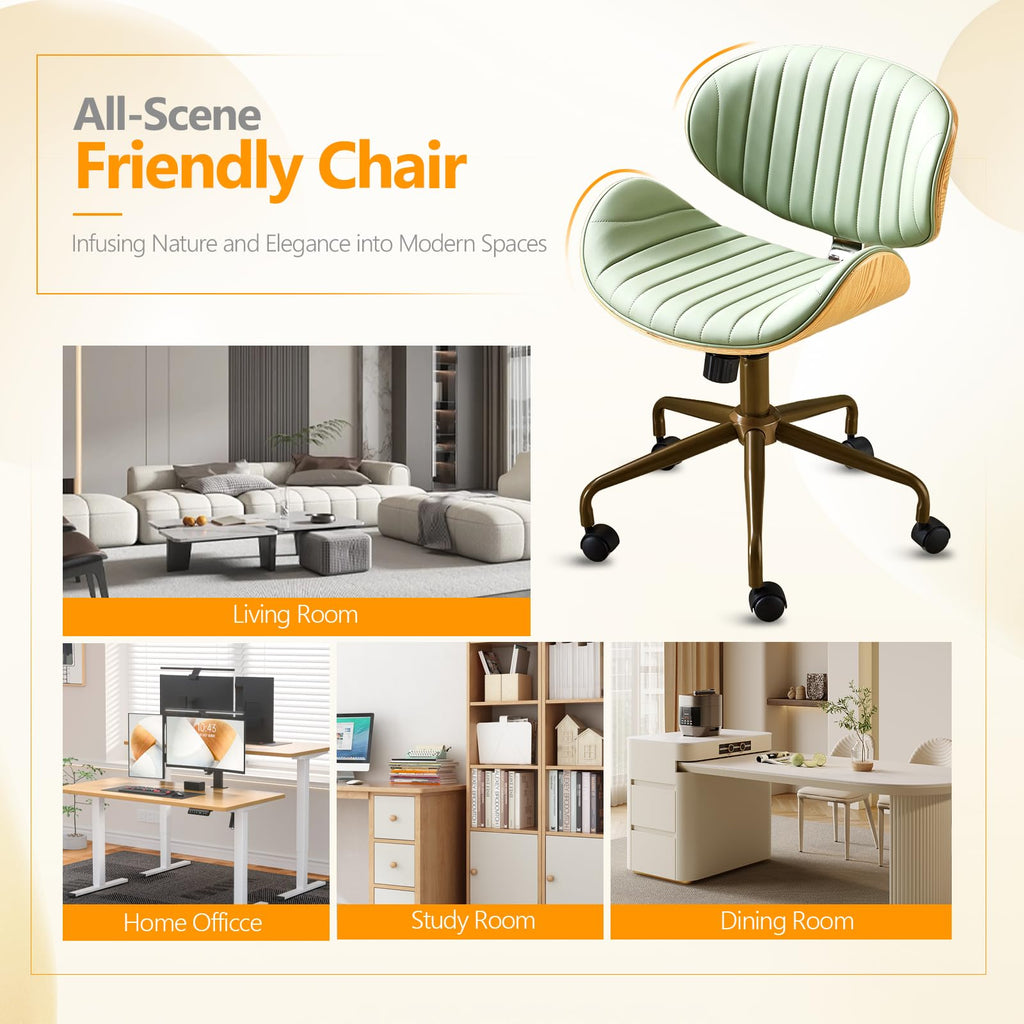 Wide Comfotable Swivel Home Office Chair with Wood-Grain Curved Shell,Ergomomic Mid-Back Padded Armless Rolling Desk Chair with Wheels,Height Adjustable for Computer,Task,Work,PU Leather,Green