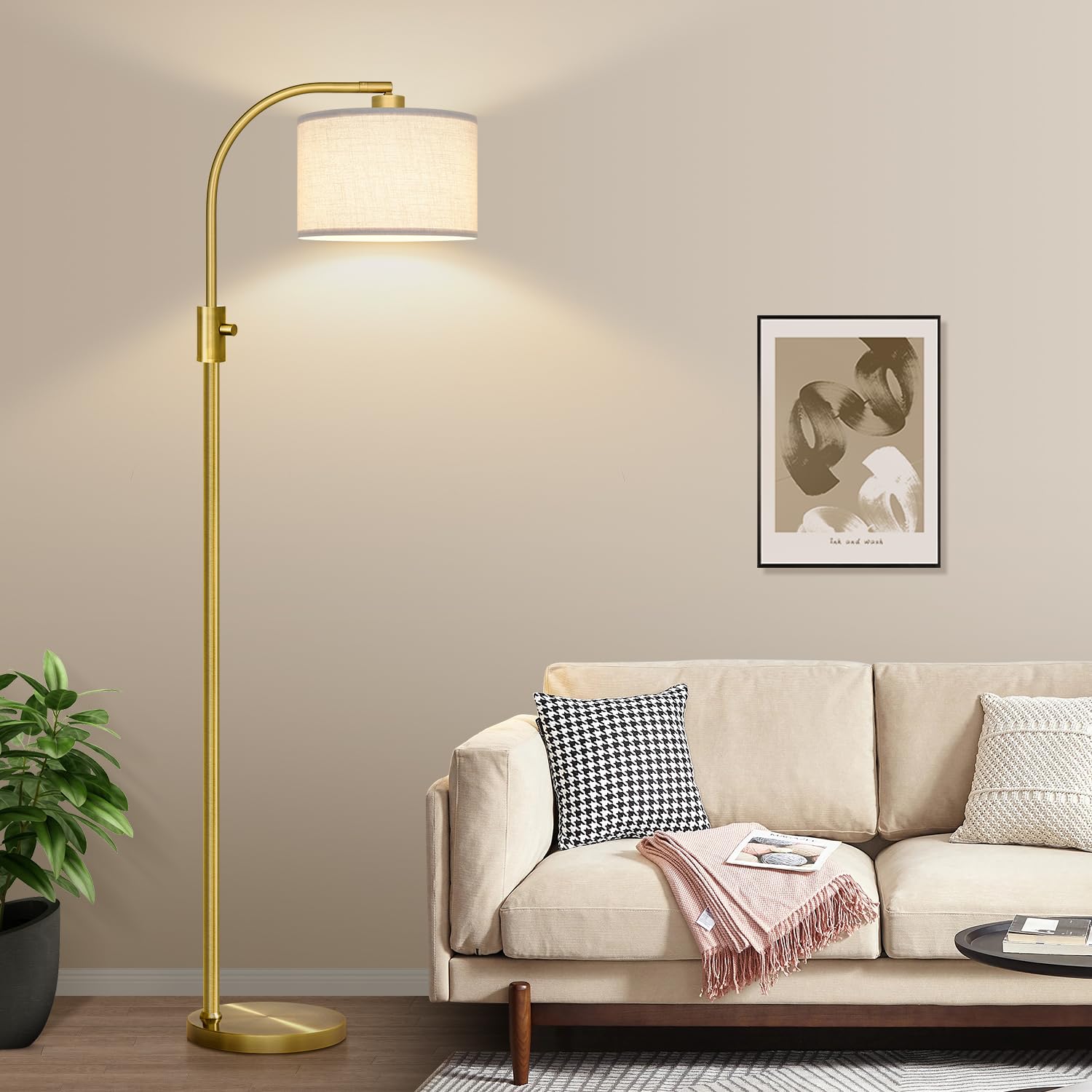 Upgraded Modern Arc Dimmable Tall Standing Floor Lamp with Linen Shade, 1200 Lumens LED Bulb Included, for Living & Reading Room, Bedroom, Office & Nursery, Brass
