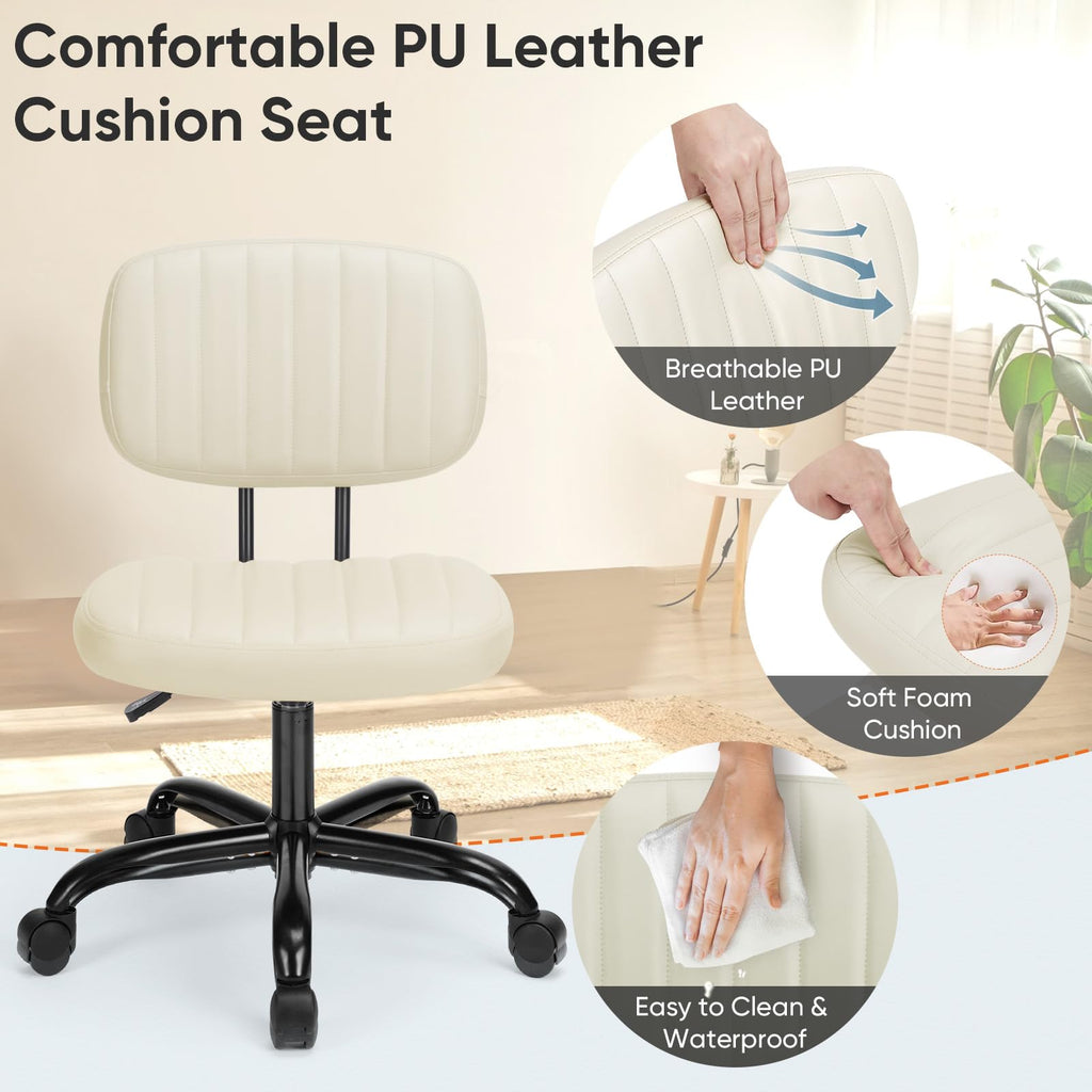 Armless Office Chair: Small Desk Chair with Low Back Lumbar Support, Height Adjustable PU Leather Computer Task with 360° Swivel Wheels, for Adults, Beige