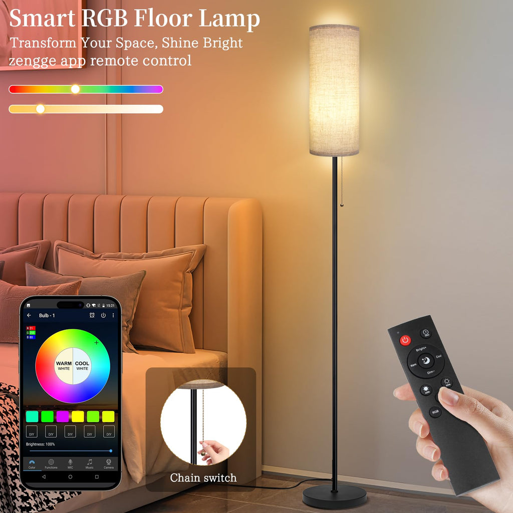 Floor Lamp for Living Room, Modern Standing Lamps with Lampshade, Minimalist Tall Lamp with Chain Switch for Living Room, LED Bulb Included (Beige Shade-RGB Bulb)