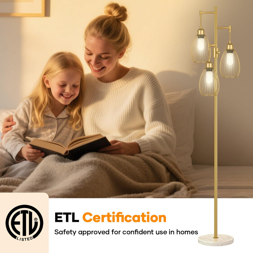 Floor Lamp,3x800LM LED Bulbs Included, Farmhouse Industrial Floor Lamp Standing Tree Lamp with Teardrop Cage Head Tall Lamp for Living Room Bedroom Office Dining Room - Gold & Marble Base