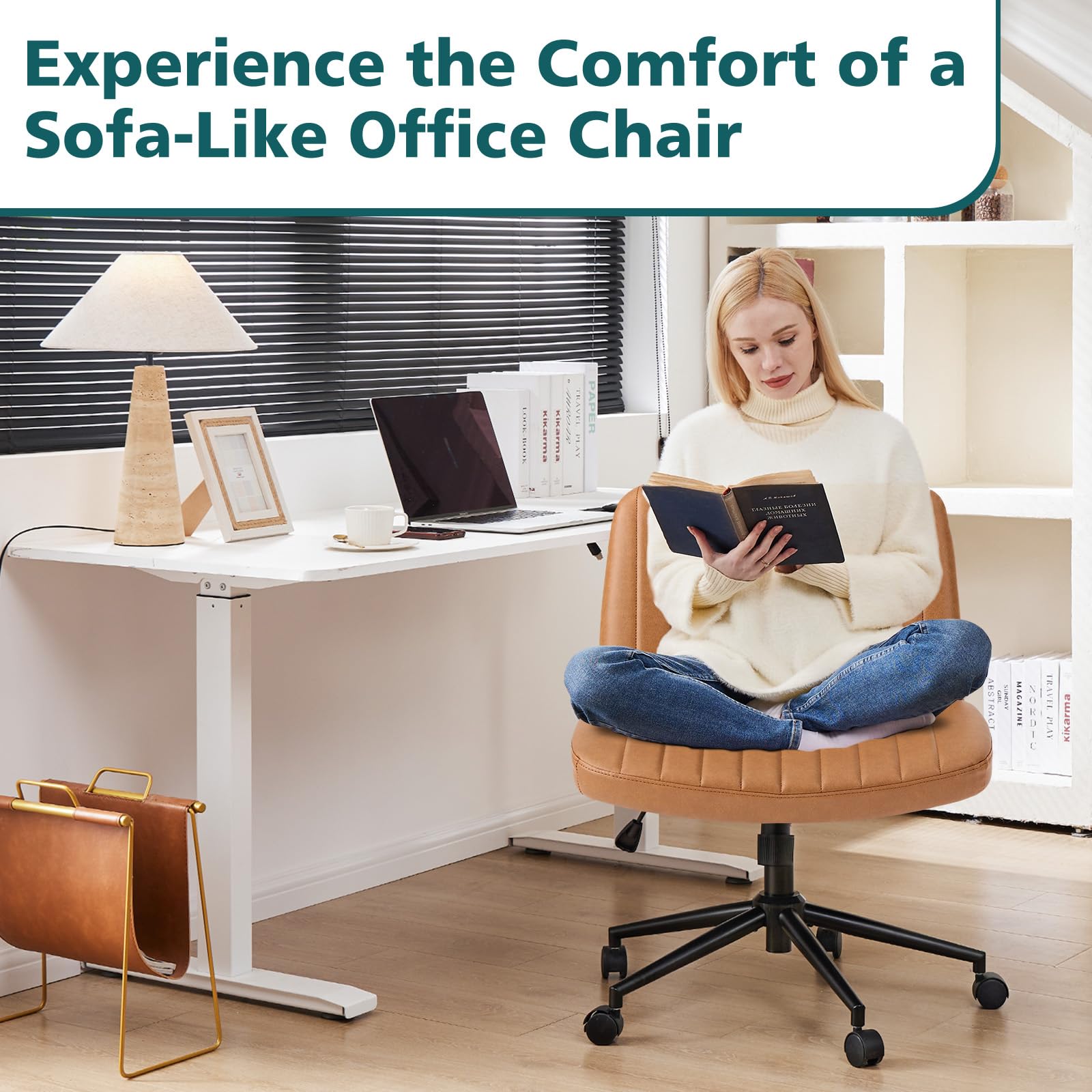 Criss Cross Chair with Wheels Wide Cross Legged Office Desk Vanity Chair Comfy Fabric Armless Adjustable Swivel for Home Computer Task PU Brown