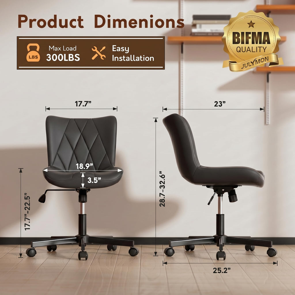 Armless Desk Chair, Morden Home Office Chair no Arms, Adjustable Height & Rocking Computer Chair, PU Leather Vanity Chair, Ergonomic Seat Soft Padded Desk Chairs for Home Small Space, Black